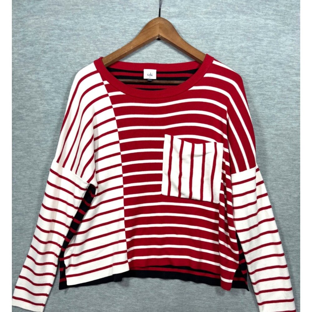 Cabi Womens Sweater M Striped Red White Pullover Boxy Fit Crewneck